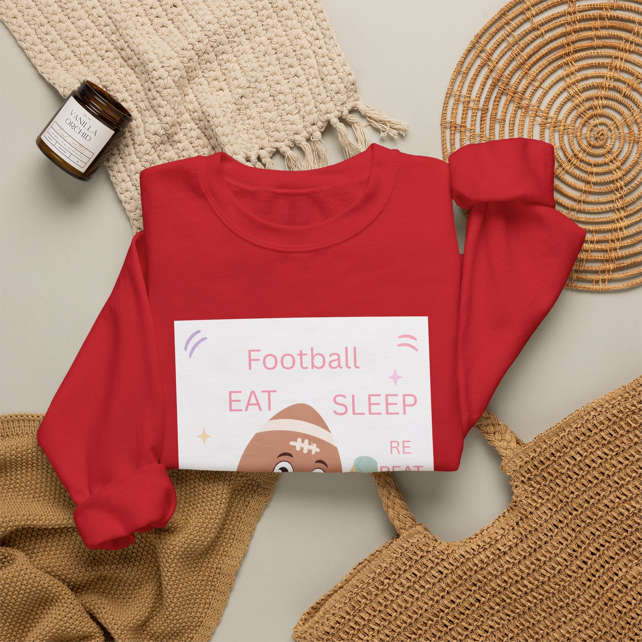 Football Eat Sleep Repeat Crewneck Sweatshirt — Cute Cartoon Football Graphic
