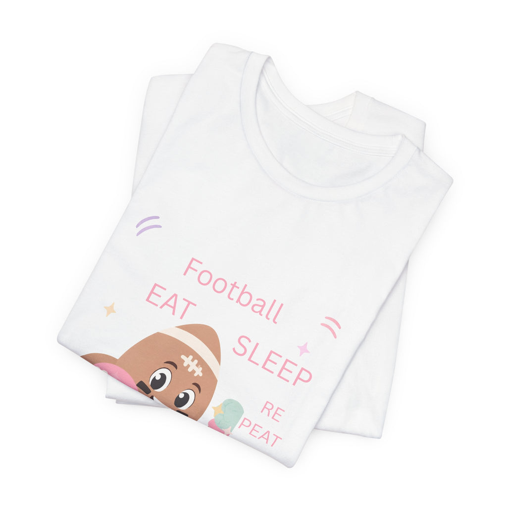 Football Eat Sleep Repeat Tee — Cute Cartoon Helmet Player T‑Shirt