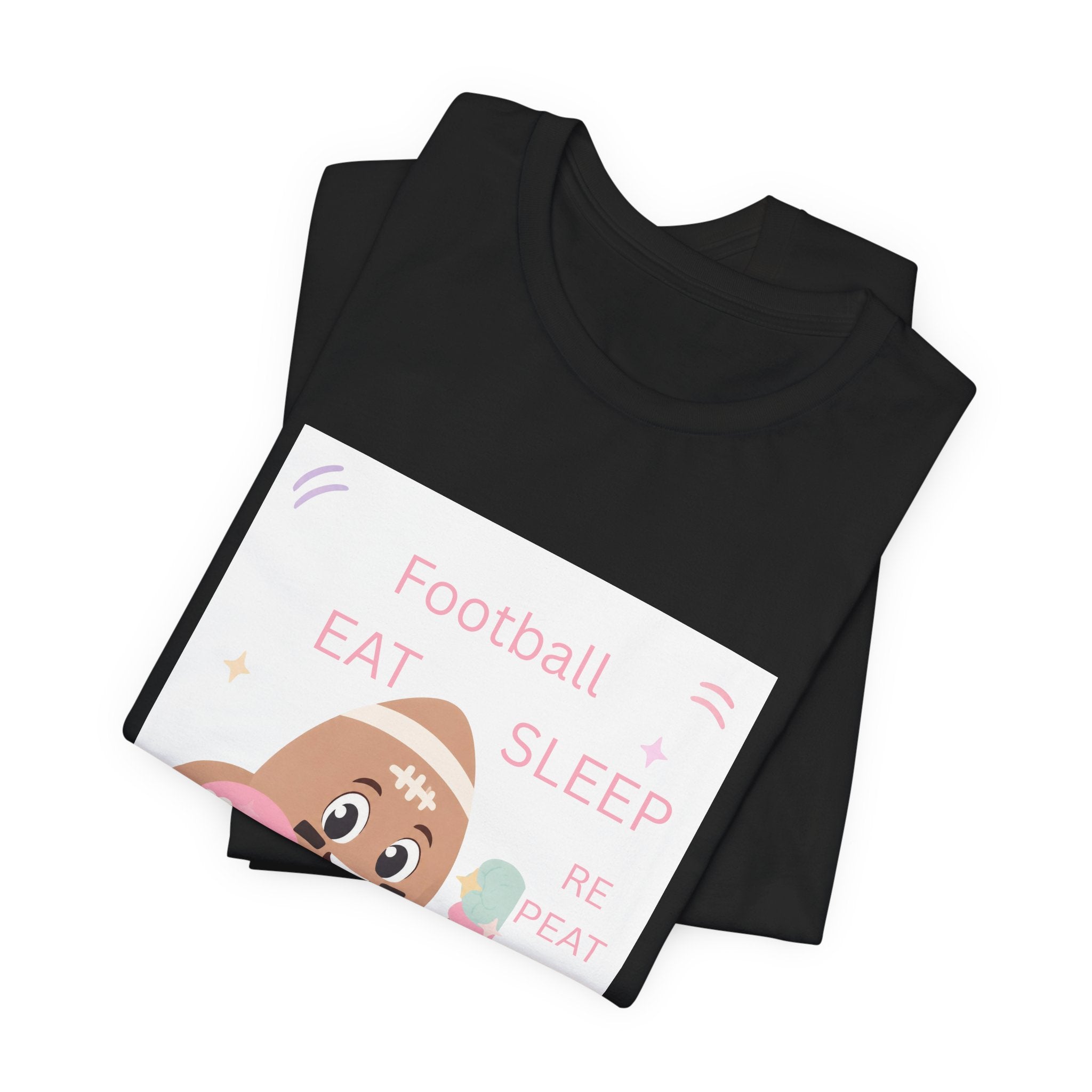 Football Eat Sleep Repeat Tee — Cute Cartoon Helmet Player T‑Shirt