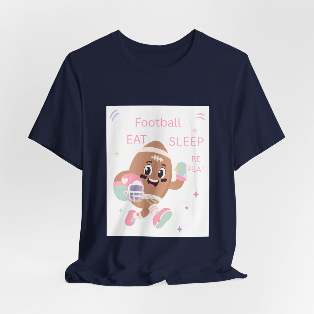 Football Eat Sleep Repeat Tee — Cute Cartoon Helmet Player T‑Shirt