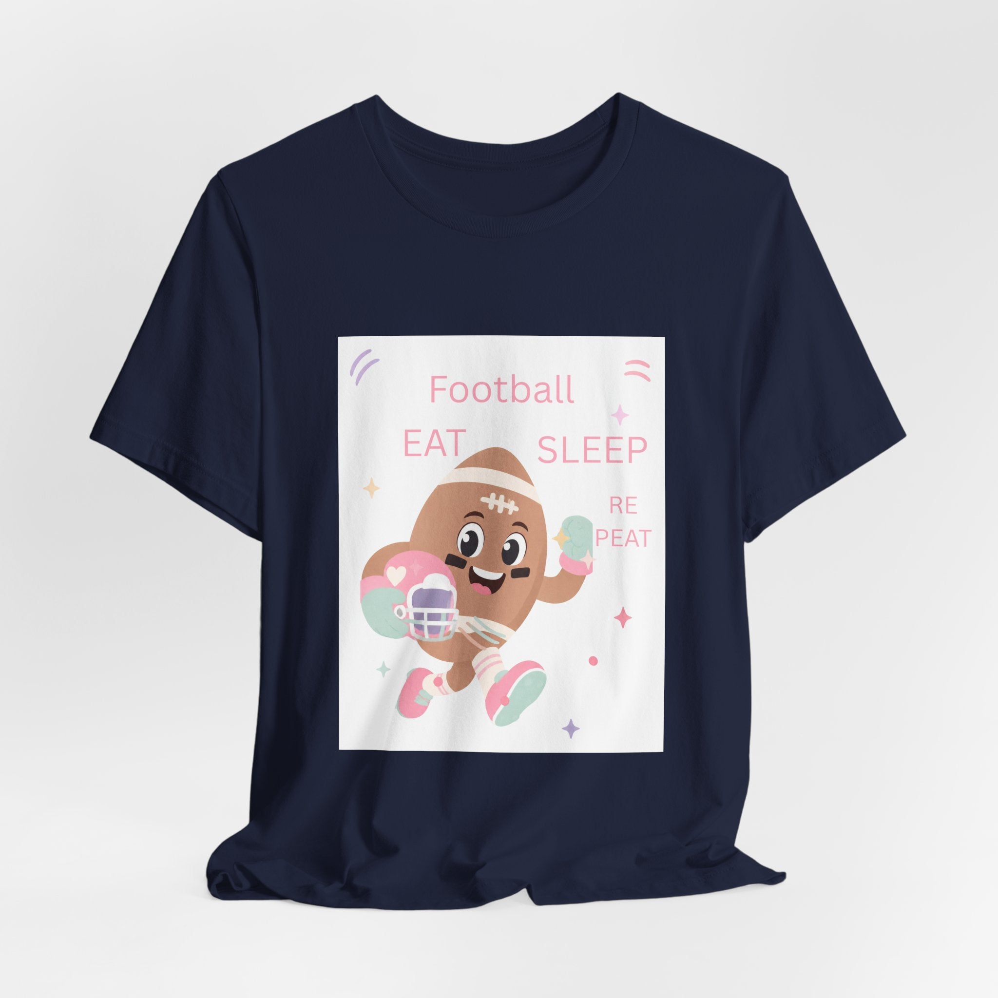 Football Eat Sleep Repeat Tee — Cute Cartoon Helmet Player T‑Shirt