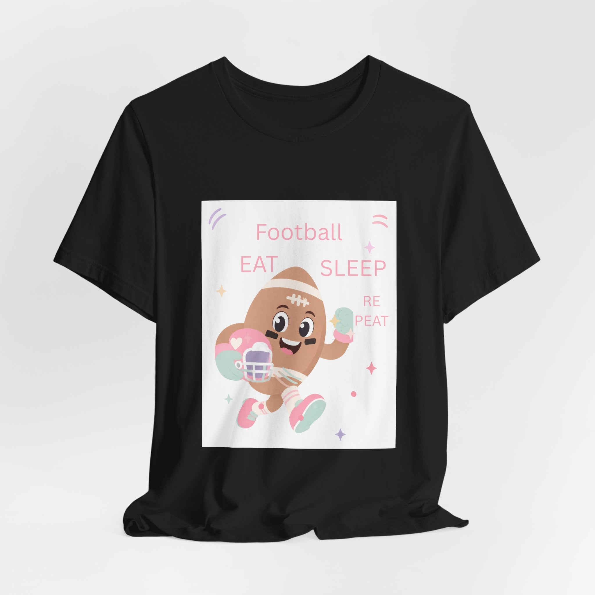 Football Eat Sleep Repeat Tee — Cute Cartoon Helmet Player T‑Shirt