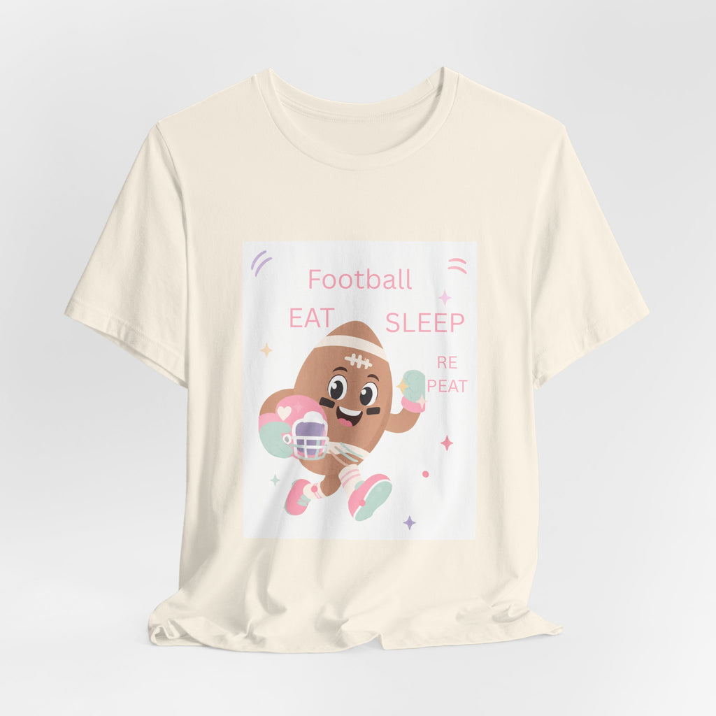 Football Eat Sleep Repeat Tee — Cute Cartoon Helmet Player T‑Shirt