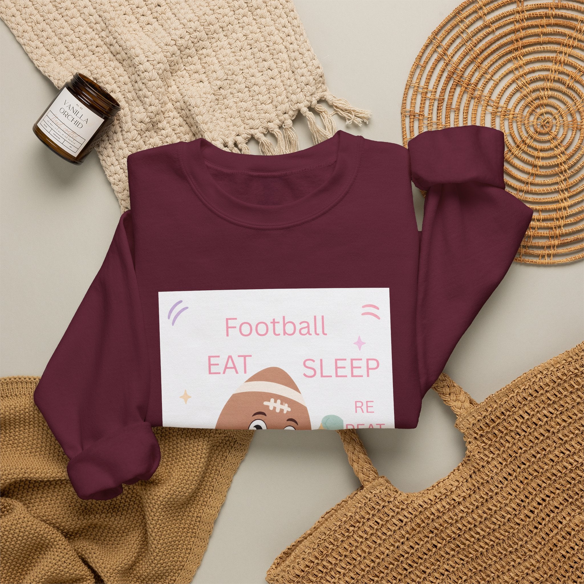 Football Eat Sleep Repeat Crewneck Sweatshirt — Cute Cartoon Football Graphic